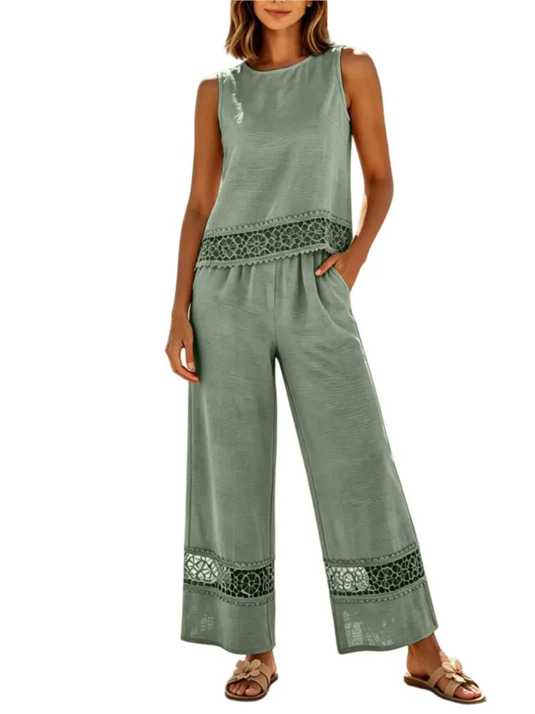Ensemble 2 Pièces Femme Top Dentelle + Pantalon Large | Vacation Beach Chic | Tenue Été Légère