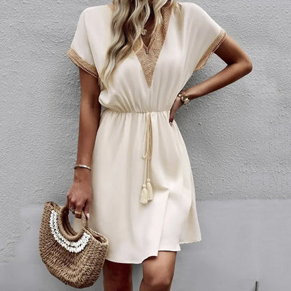 Robe Mi-Longue Femme Dentelle Col V | Manches Courtes Ceinturée | Robe Blanche Élégante Été
