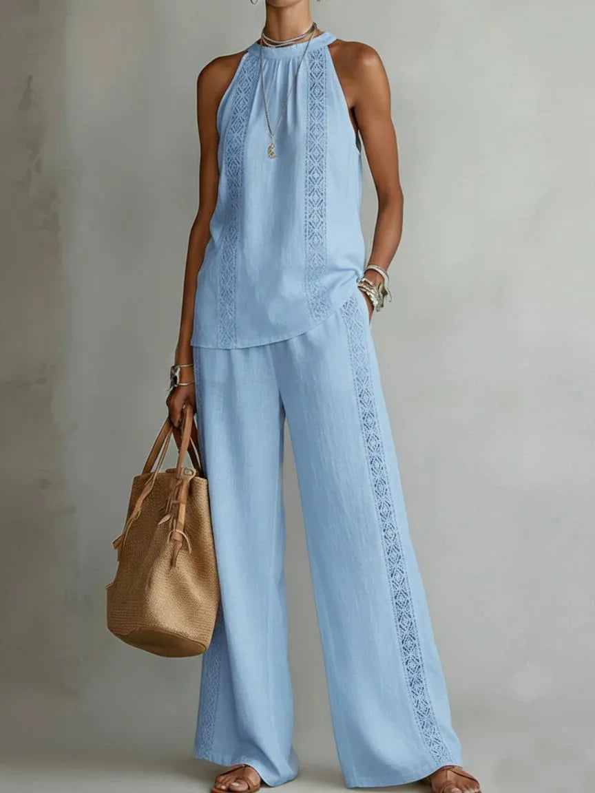 Ensemble Femme Top Halter Neck + Pantalon Large Dentelle Rétro | 2 Pièces Sexy Chic Été 2026