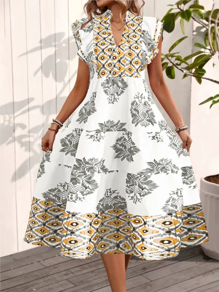 Robe Midi Femme Florale Col Montant | Manches Courtes Coupe A-Line | Robe de Fête Estivale Ample