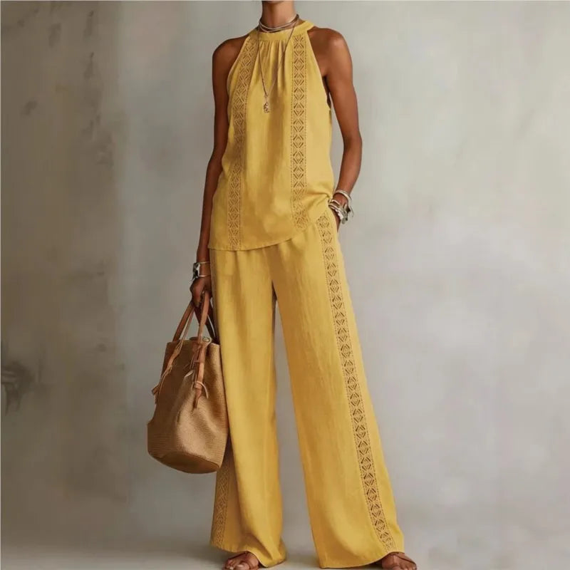 Ensemble Femme Top Halter Neck + Pantalon Large Dentelle Rétro | 2 Pièces Sexy Chic Été 2026