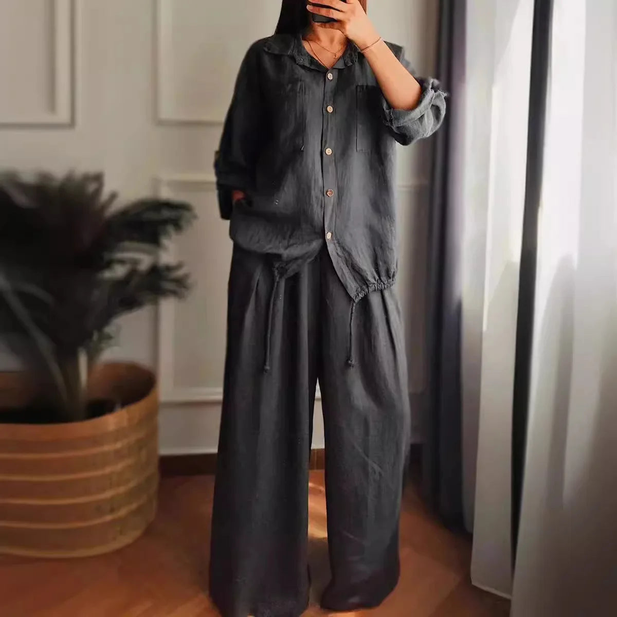 Ensemble Femme Chemise Boutonnée + Pantalon Large | 2 Pièces Lounge Wear Confort Vacances Été