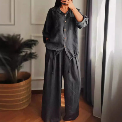Ensemble Femme Chemise Boutonnée + Pantalon Large | 2 Pièces Lounge Wear Confort Vacances Été