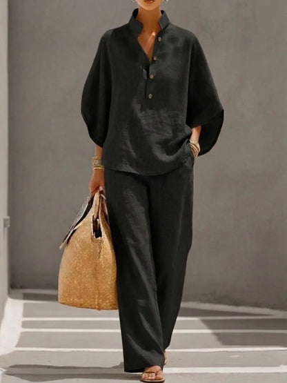 Ensemble Femme Cardigan Boutonné Ample + Pantalon Coordonné | 2 Pièces Casual Confort Quotidien