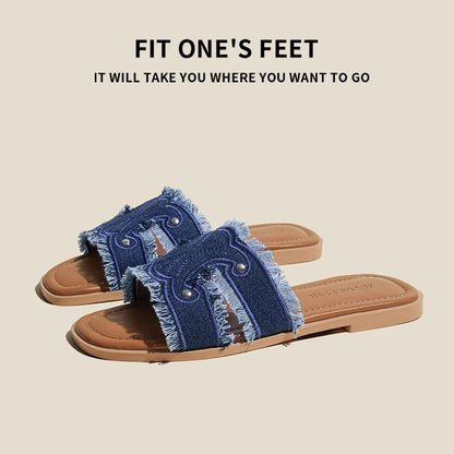 Sandales Femme Cuir Véritable Mouton Denim | Slip-On Plates Style Casual | Chaussures Cuir Naturel Été