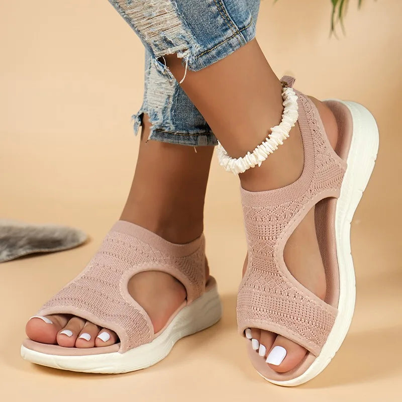 Sandales Sport Femme Maille Tricotée Romaine | Compensées Bout Ouvert Confort | Chaussures Plage Été