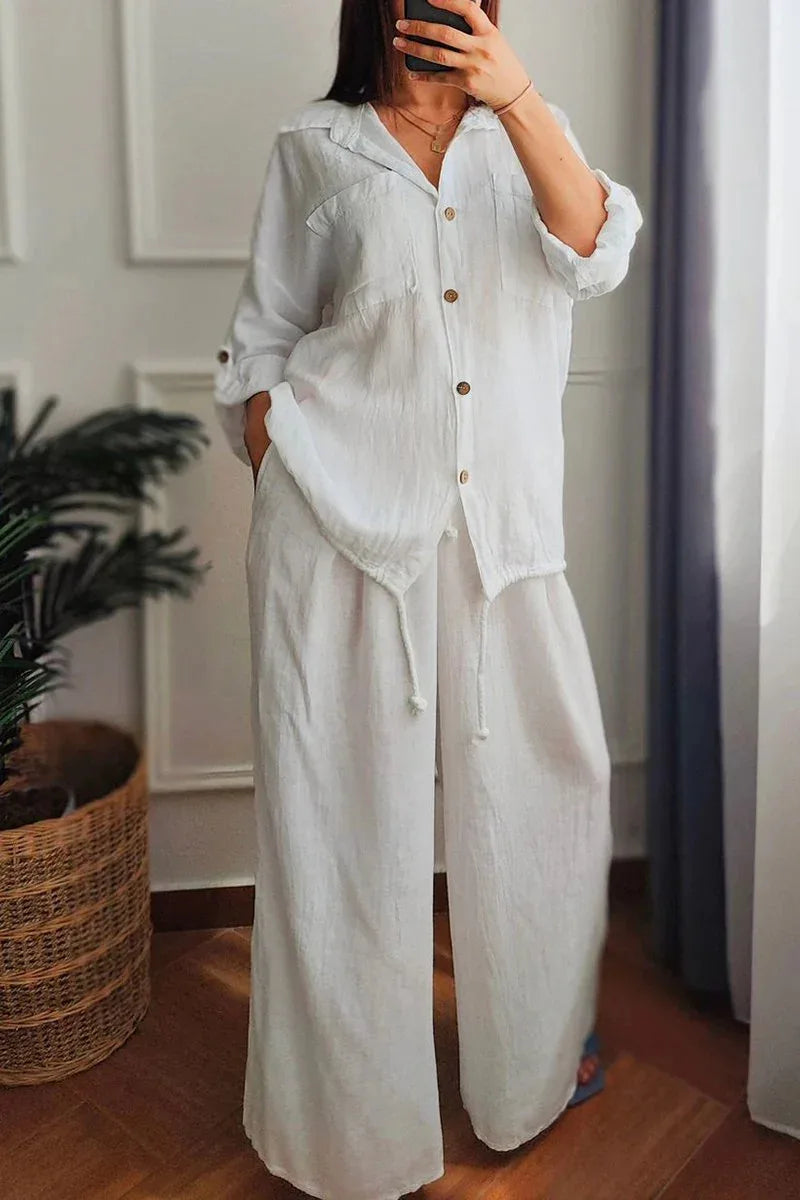 Ensemble Femme Chemise Boutonnée + Pantalon Large | 2 Pièces Lounge Wear Confort Vacances Été