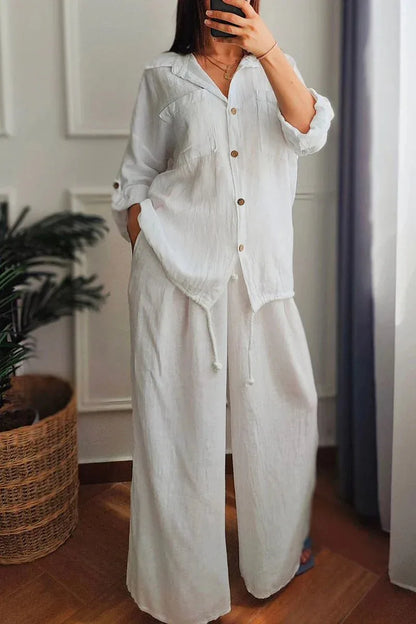 Ensemble Femme Chemise Boutonnée + Pantalon Large | 2 Pièces Lounge Wear Confort Vacances Été