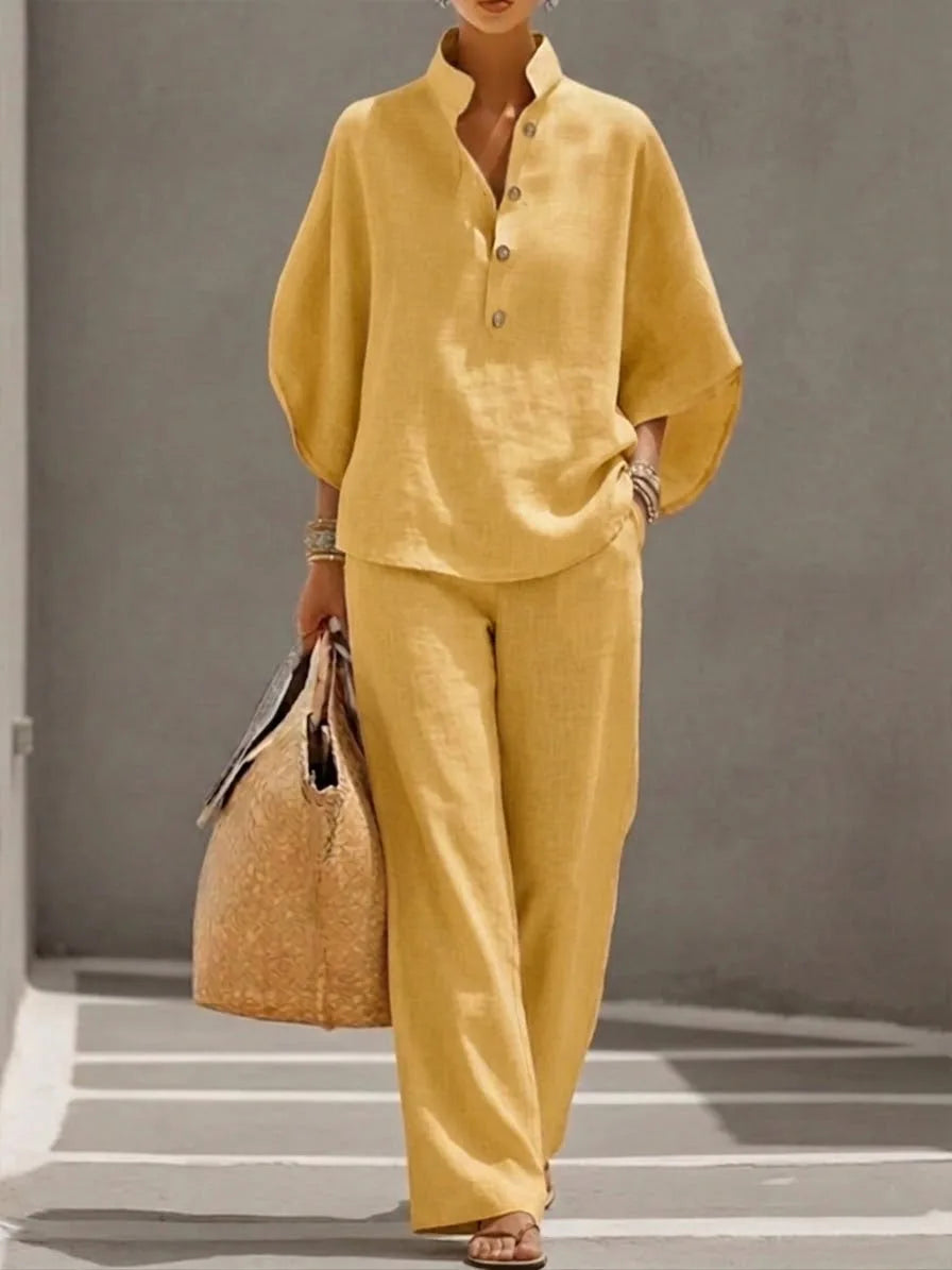Ensemble Femme Cardigan Boutonné Ample + Pantalon Coordonné | 2 Pièces Casual Confort Quotidien