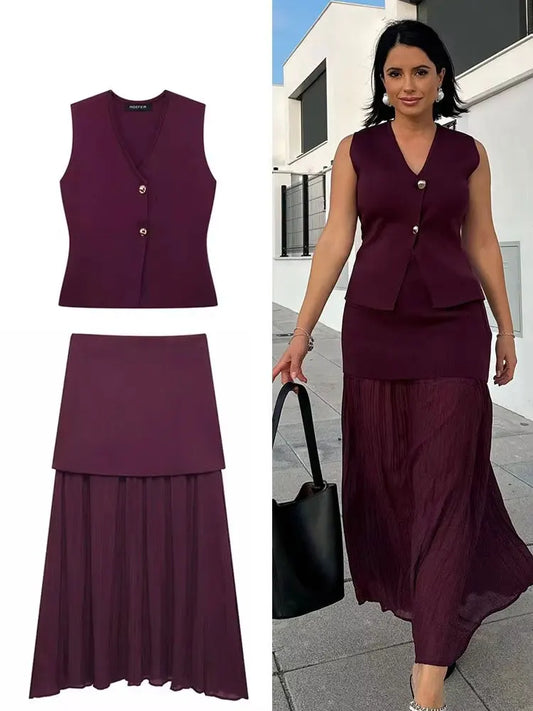 Ensemble Tricot Femme Top Col V + Jupe Longue Fendue | 2 Pièces Bordeaux Élégant Soirée