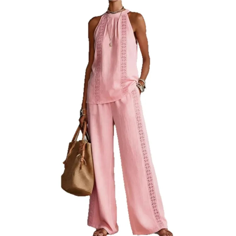 Ensemble Femme Top Halter Neck + Pantalon Large Dentelle Rétro | 2 Pièces Sexy Chic Été 2026