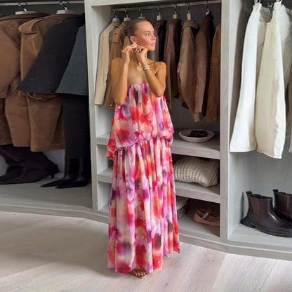 Robe Longue Femme Bandeau Épaules Dénudées | Effet Dégradé Dentelle Maxi | Robe de Soirée Été 2026