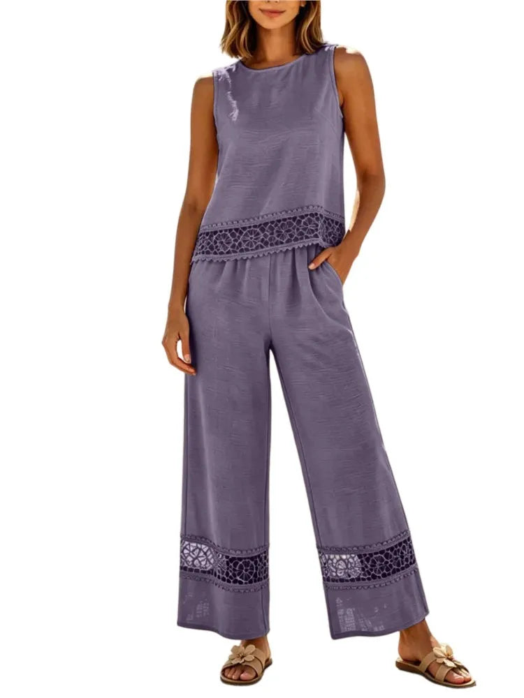Ensemble 2 Pièces Femme Top Dentelle + Pantalon Large | Vacation Beach Chic | Tenue Été Légère