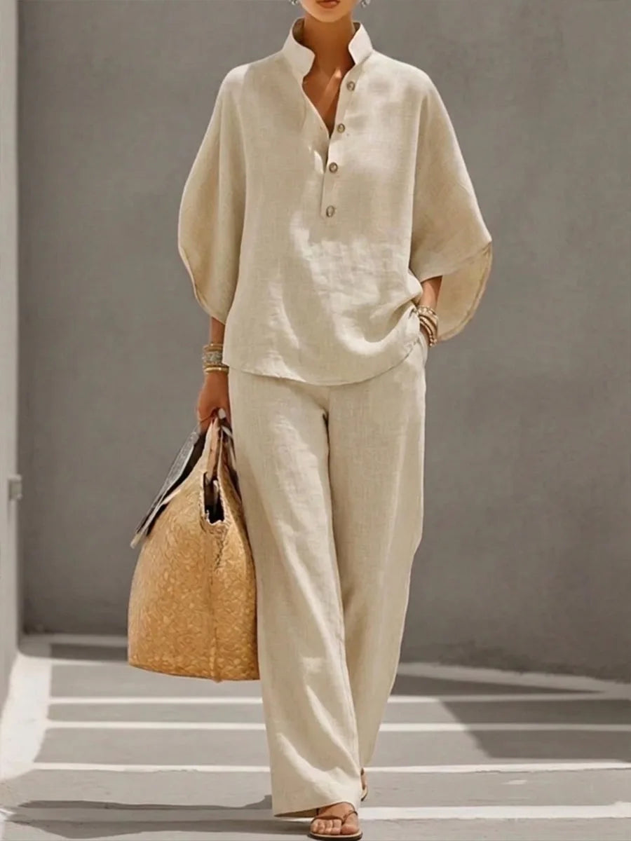 Ensemble Femme Cardigan Boutonné Ample + Pantalon Coordonné | 2 Pièces Casual Confort Quotidien