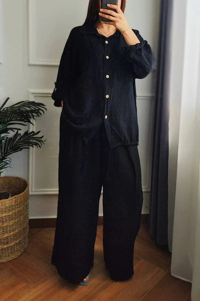 Ensemble Femme Chemise Boutonnée + Pantalon Large | 2 Pièces Lounge Wear Confort Vacances Été