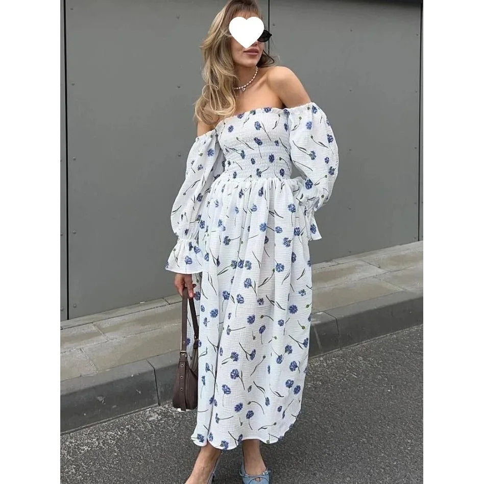 Robe Midi Femme Tricot Épaule Asymétrique | Manches Lanternes Florale | Robe Longue Fendue Élégante