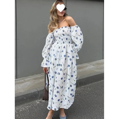 Robe Midi Femme Tricot Épaule Asymétrique | Manches Lanternes Florale | Robe Longue Fendue Élégante