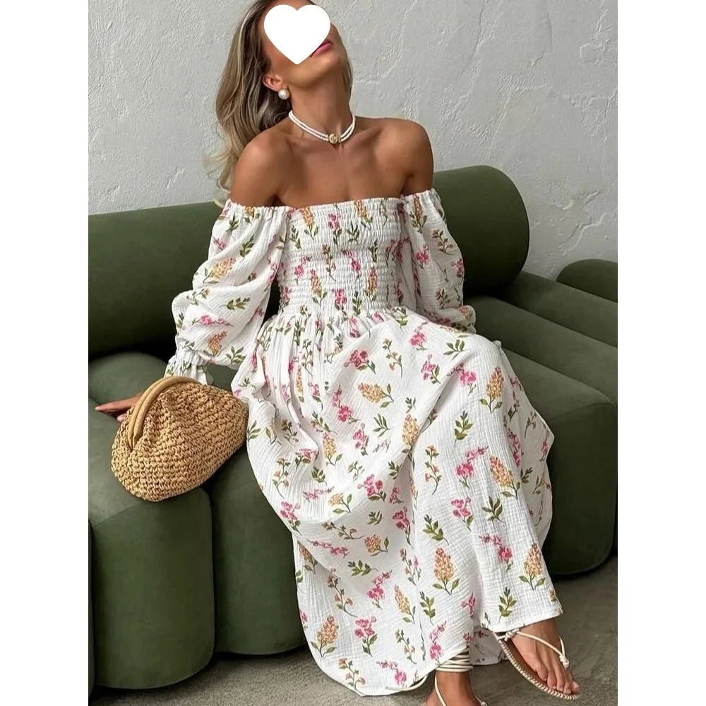 Robe Midi Femme Tricot Épaule Asymétrique | Manches Lanternes Florale | Robe Longue Fendue Élégante