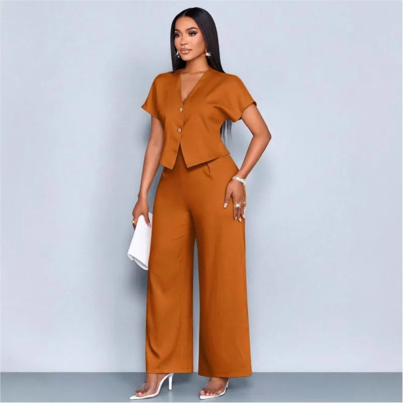 Ensemble 2 Pièces Femme Top Col V + Pantalon Large | Casual Chic Été
