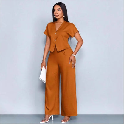 Ensemble 2 Pièces Femme Top Col V + Pantalon Large | Casual Chic Été