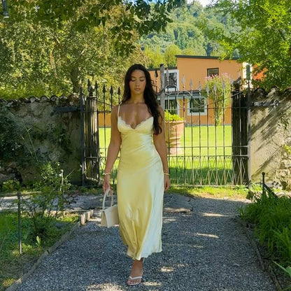 Robe Longue Femme Satin Col V | Bretelles Fines Dentelle Taille Haute | Robe de Soirée Estivale