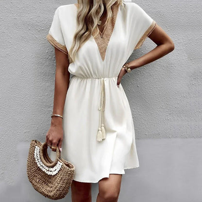 Robe Mi-Longue Femme Dentelle Col V | Manches Courtes Ceinturée | Robe Blanche Élégante Été