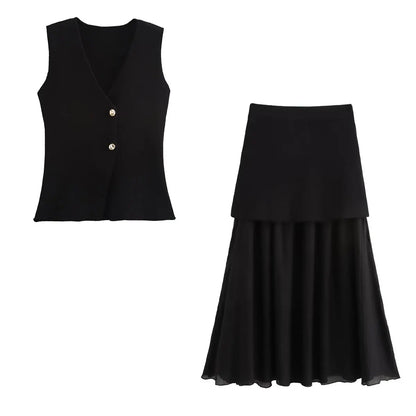 Ensemble Tricot Femme Top Col V + Jupe Longue Fendue | 2 Pièces Bordeaux Élégant Soirée