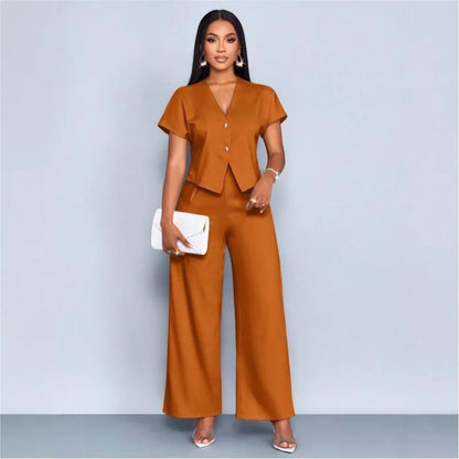 Ensemble 2 Pièces Femme Top Col V + Pantalon Large | Casual Chic Été