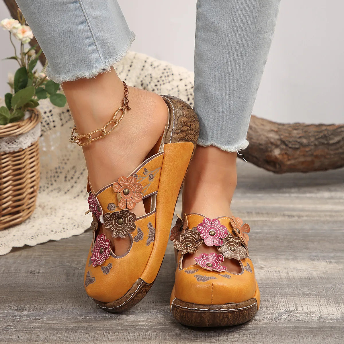 Sandales Artisanales Femme Ethnique Fleurs | Plateforme Légère Slip-On | Chaussures Bohème Plage Confort
