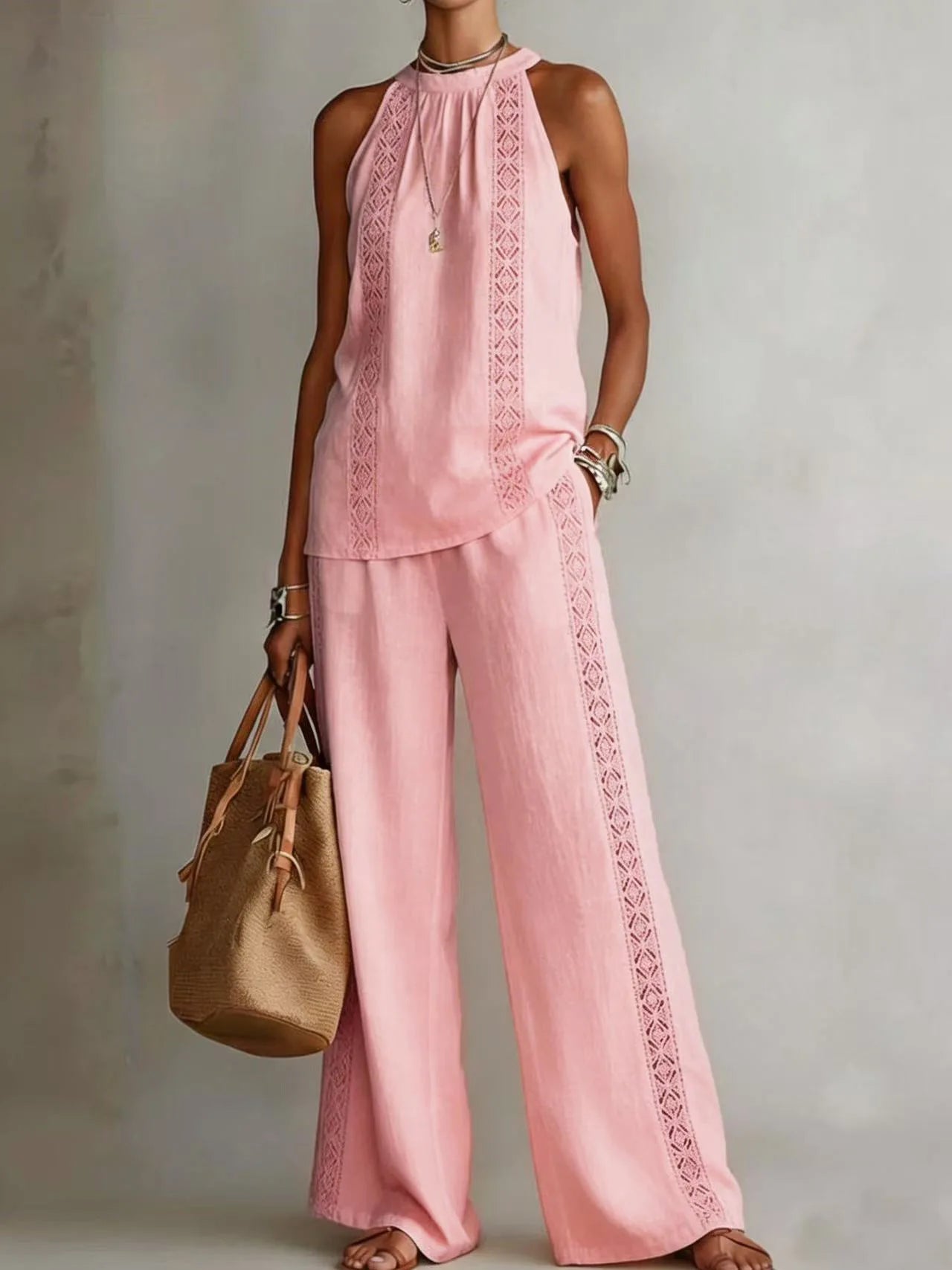 Ensemble Femme Top Halter Neck + Pantalon Large Dentelle Rétro | 2 Pièces Sexy Chic Été 2026
