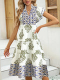 Robe Midi Femme Florale Col Montant | Manches Courtes Coupe A-Line | Robe de Fête Estivale Ample