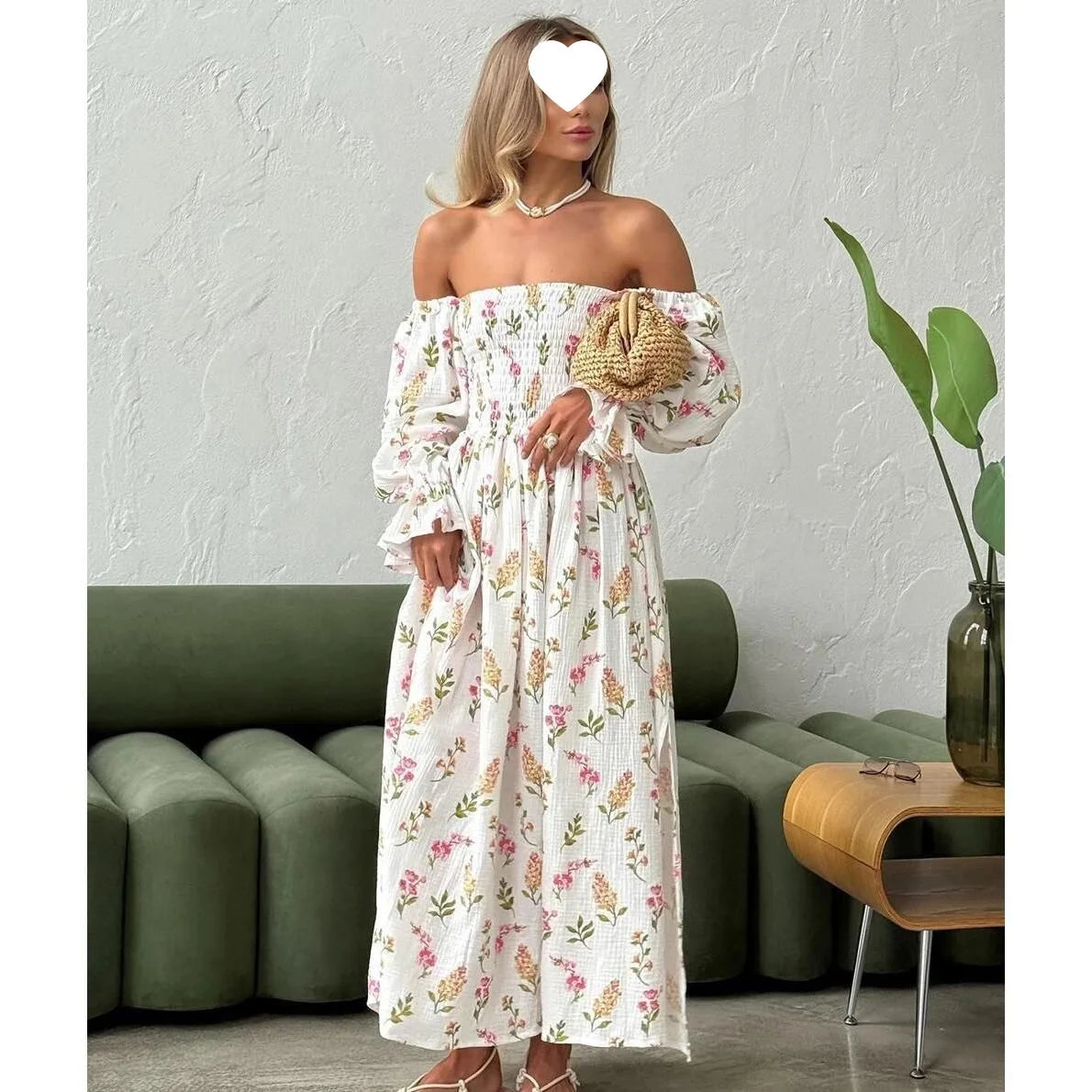 Robe Midi Femme Tricot Épaule Asymétrique | Manches Lanternes Florale | Robe Longue Fendue Élégante