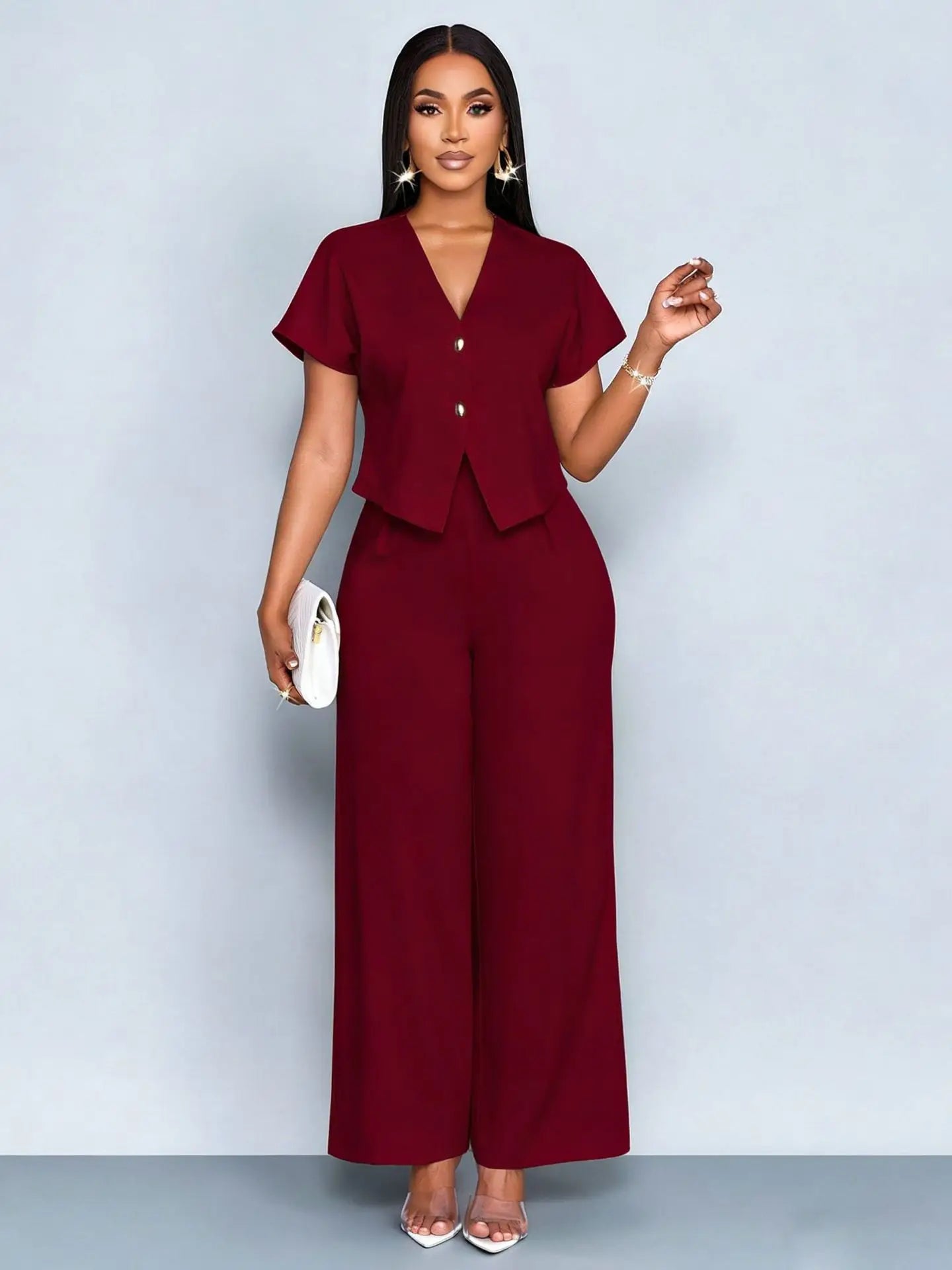 Ensemble 2 Pièces Femme Top Col V + Pantalon Large | Casual Chic Été