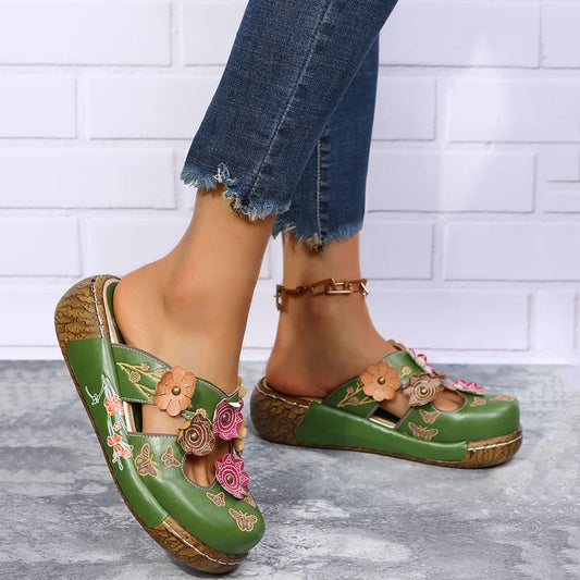 Sandales Artisanales Femme Ethnique Fleurs | Plateforme Légère Slip-On | Chaussures Bohème Plage Confort