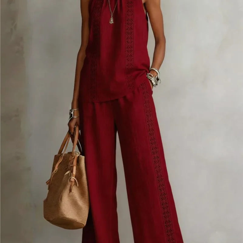 Ensemble Femme Top Halter Neck + Pantalon Large Dentelle Rétro | 2 Pièces Sexy Chic Été 2026