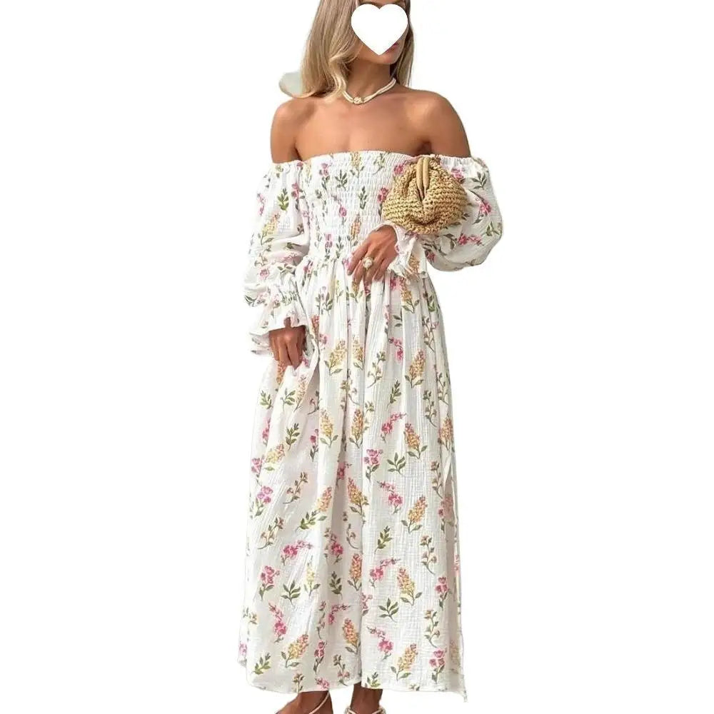 Robe Midi Femme Tricot Épaule Asymétrique | Manches Lanternes Florale | Robe Longue Fendue Élégante