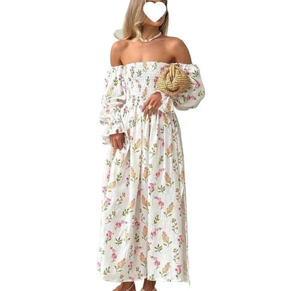 Robe Midi Femme Tricot Épaule Asymétrique | Manches Lanternes Florale | Robe Longue Fendue Élégante