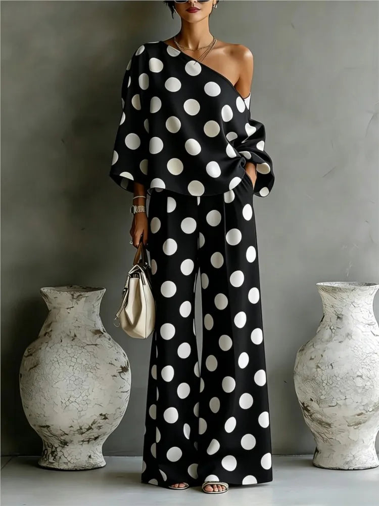 Ensemble Femme Imprimé Pois Top Épaule Dénudée + Pantalon Large | 2 Pièces Vacation Été Tendance