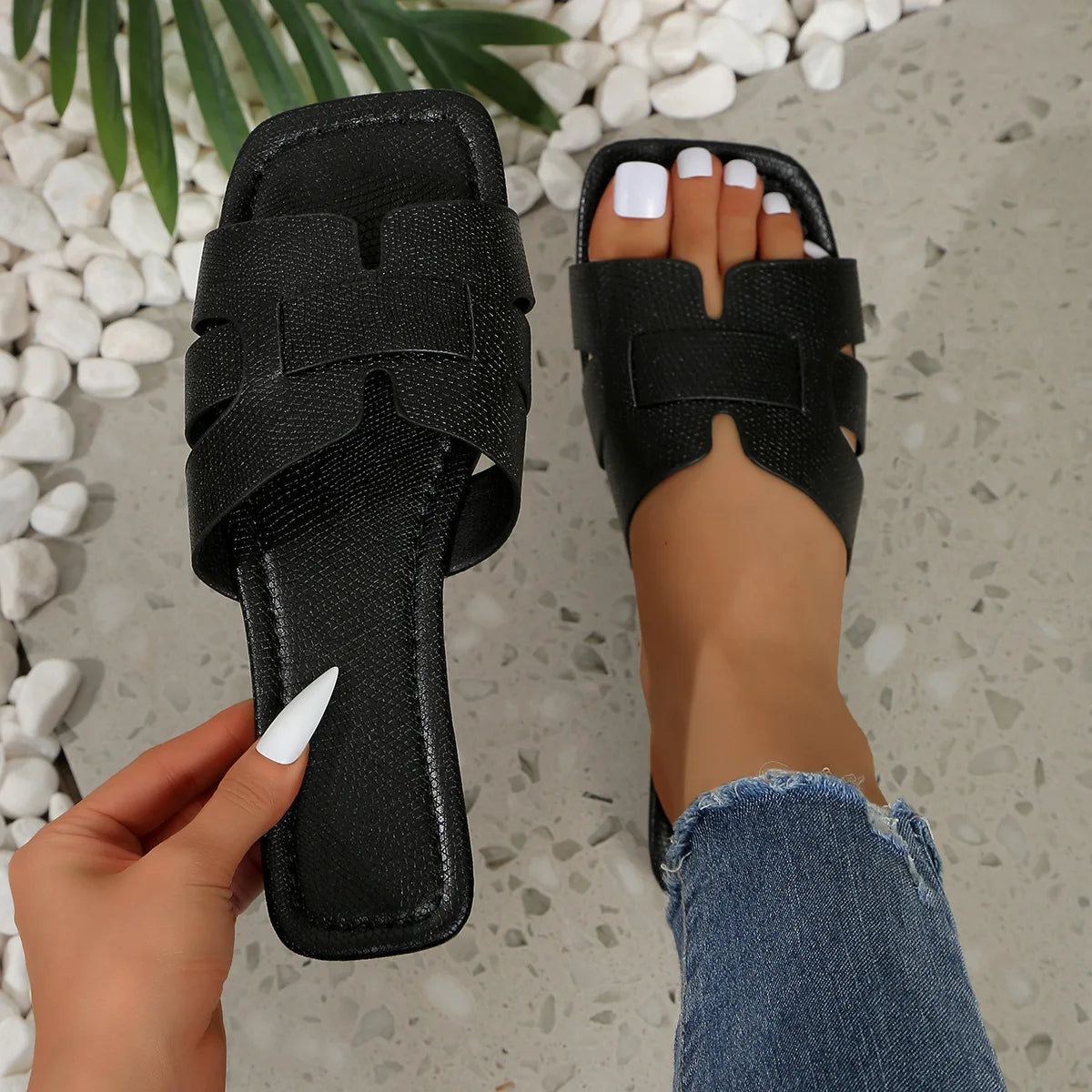 Mules Femme Bout Carré Ouvert | Slip-On Plates Minimalistes | Chaussures Été Casual Quotidien