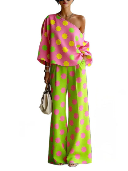 Ensemble Femme Imprimé Pois Top Épaule Dénudée + Pantalon Large | 2 Pièces Vacation Été Tendance