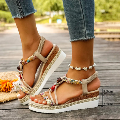 Sandales Compensées Femme T-Strap Élastique | Bout Ouvert Plateforme Été | Sandale de Plage Tendance