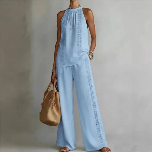 Ensemble Femme Top Halter Neck + Pantalon Large Dentelle Rétro | 2 Pièces Sexy Chic Été 2026