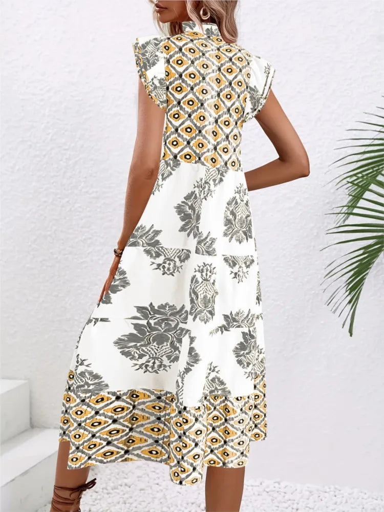Robe Midi Femme Florale Col Montant | Manches Courtes Coupe A-Line | Robe de Fête Estivale Ample