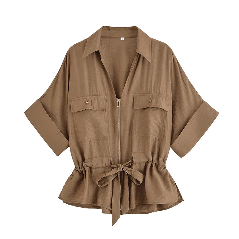 Ensemble Femme Chemise Zippée + Pantalon Taille Élastique | 2 Pièces Chic Contemporain Bureau Été