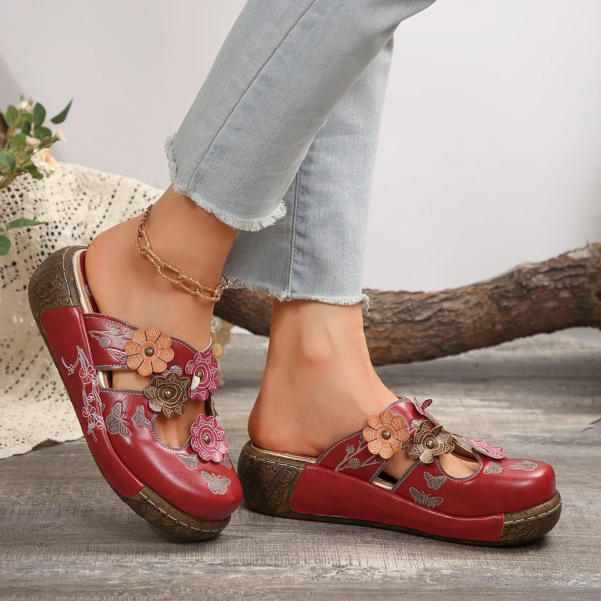 Sandales Artisanales Femme Ethnique Fleurs | Plateforme Légère Slip-On | Chaussures Bohème Plage Confort