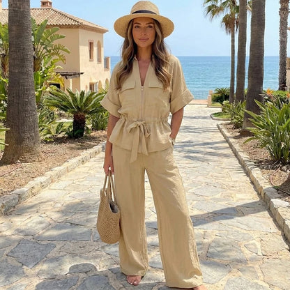 Ensemble Femme Chemise Zippée + Pantalon Taille Élastique | 2 Pièces Chic Contemporain Bureau Été