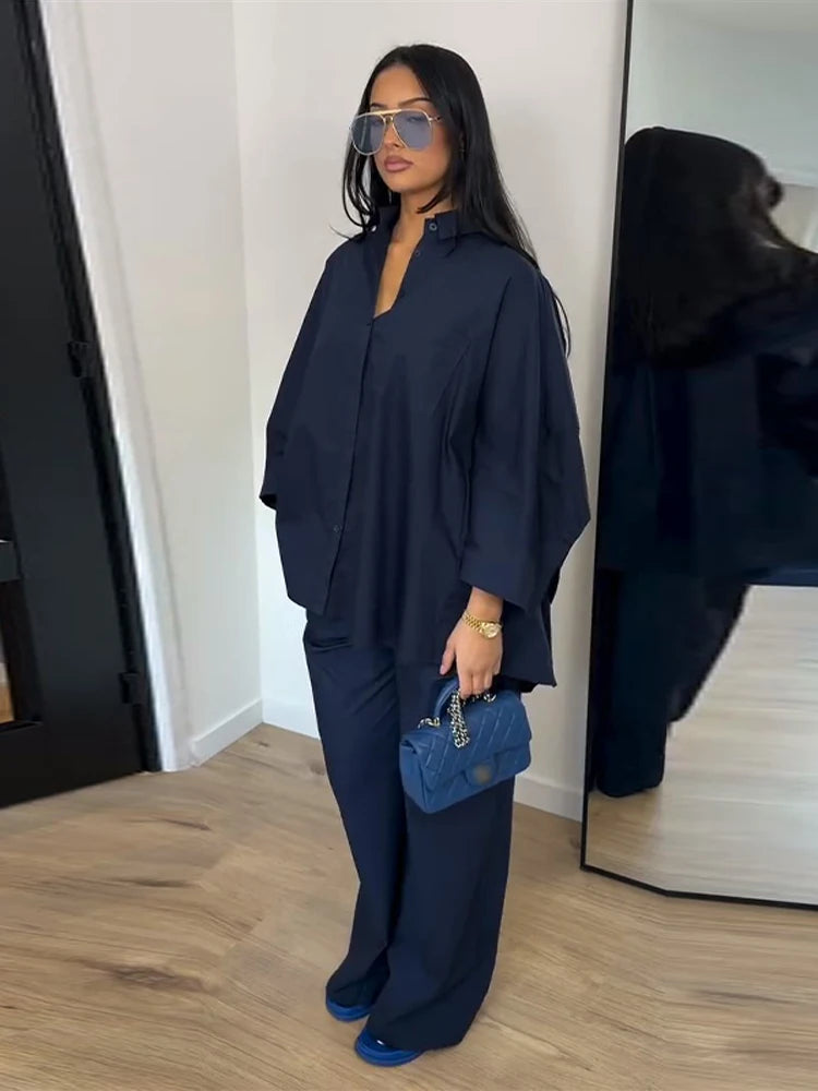 Ensemble Femme Chemise Manches Longues + Pantalon Droit Taille Haute | 2 Pièces Élégant Bureau Été