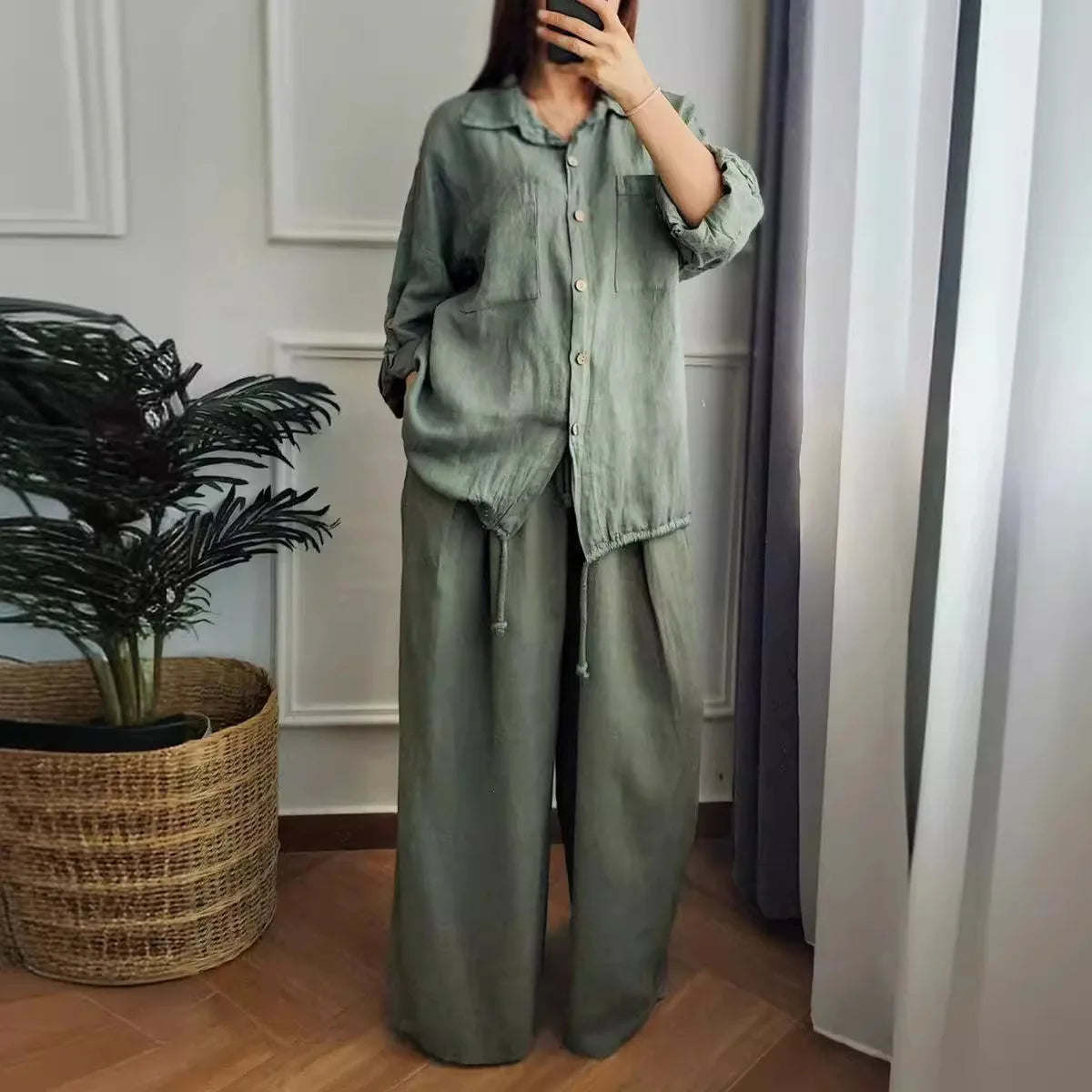 Ensemble Femme Chemise Boutonnée + Pantalon Large | 2 Pièces Lounge Wear Confort Vacances Été