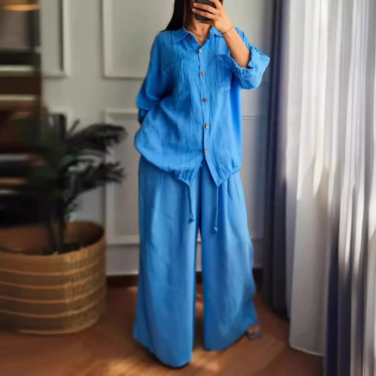 Ensemble Femme Chemise Boutonnée + Pantalon Large | 2 Pièces Lounge Wear Confort Vacances Été
