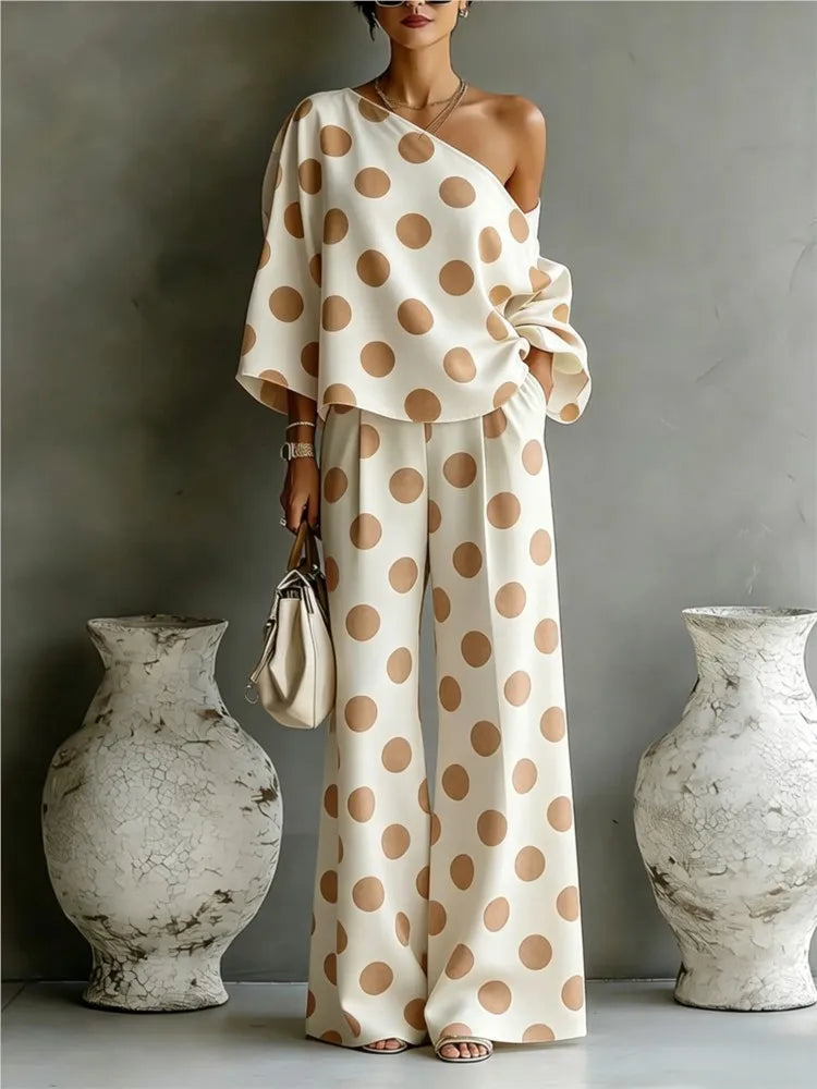 Ensemble Femme Imprimé Pois Top Épaule Dénudée + Pantalon Large | 2 Pièces Vacation Été Tendance